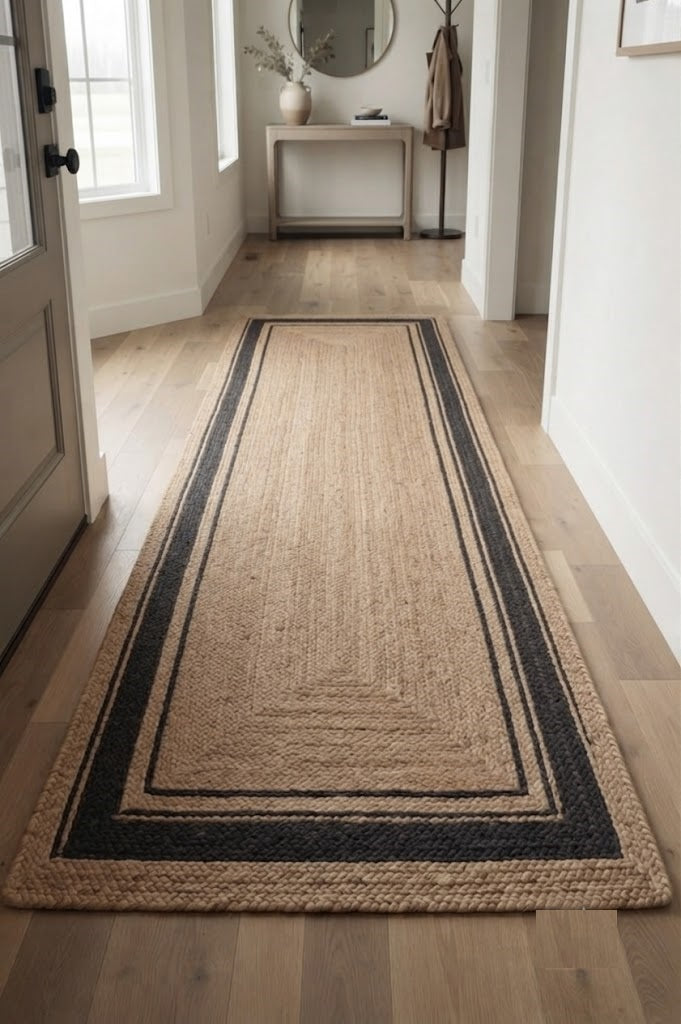 Natural Handwoven Jute Area Rug Natural Farmhouse Boho Rug for Living Room, Bedroom & Entryway Rustic Indoor Floor Mat-Black Border