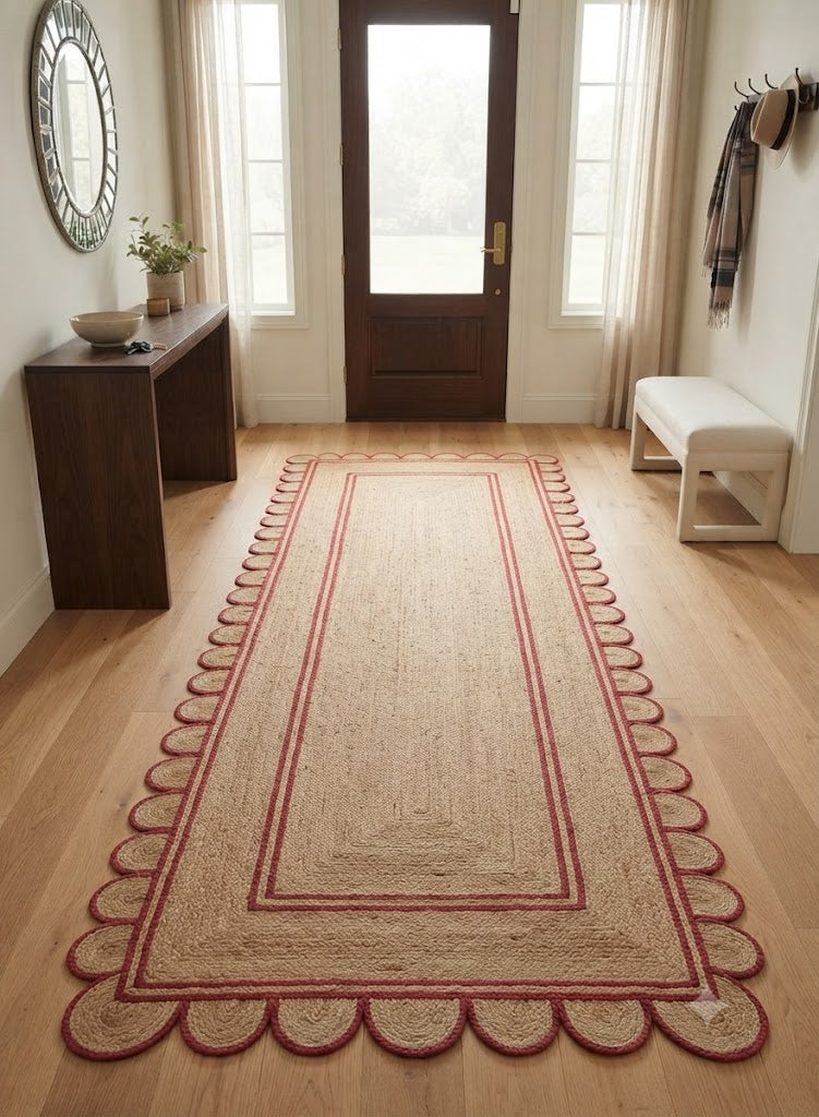 Handwoven Jute Area Rug Natural Farmhouse Boho Rug for Living Room, Bedroom & Entryway Rustic Indoor Floor Scallop Carpet (Red Border)