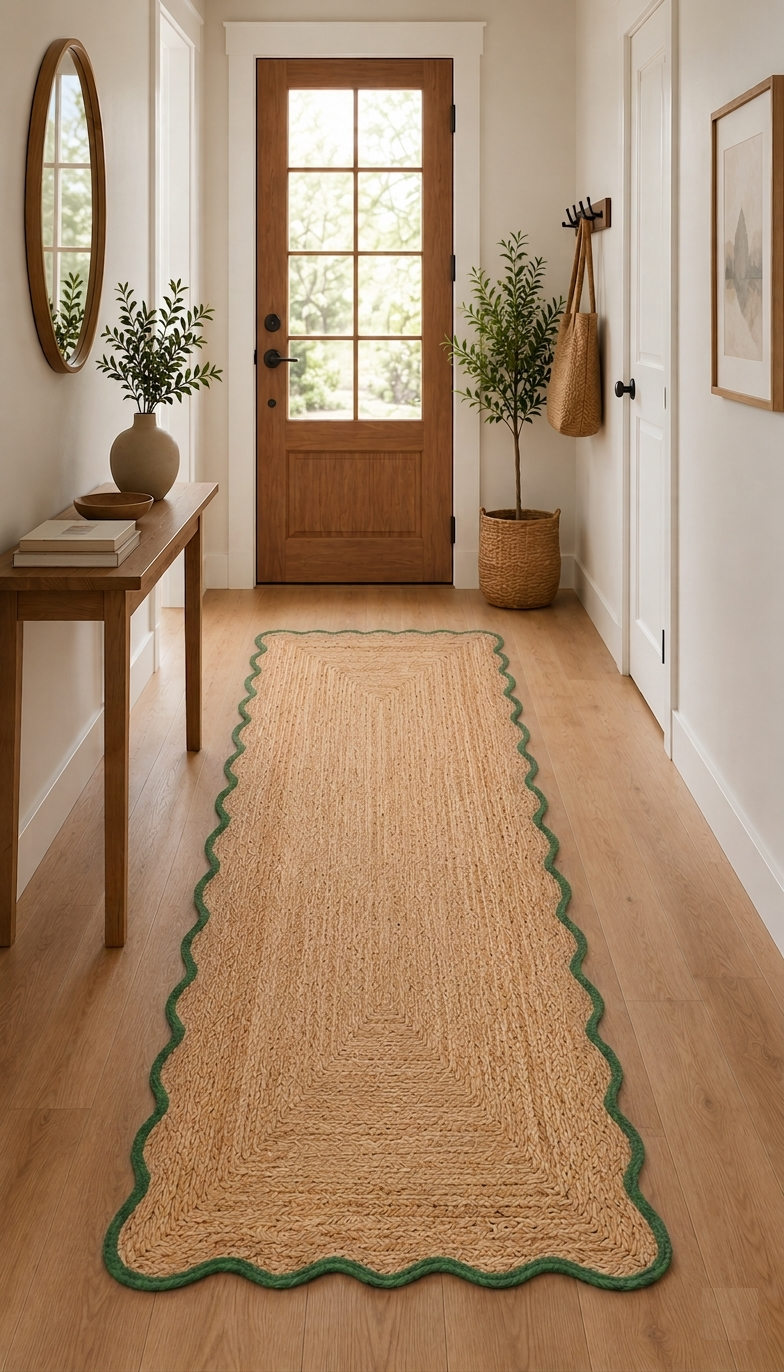 Avgari Creation Natural Handwoven Jute Area Rug Scalloped Green Border Farmhouse Boho Rug for Living Room, Bedroom & Entryway Rustic Indoor Floor Mat