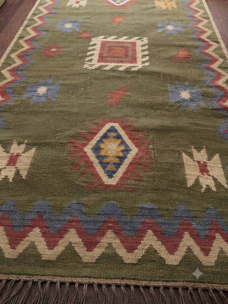 Handmade Carpet Rectangle Elegant Wool Jute Rug -Rustic Look Hand Woven Kilim Rug for Living Room, Hallway, Bedroom - Green