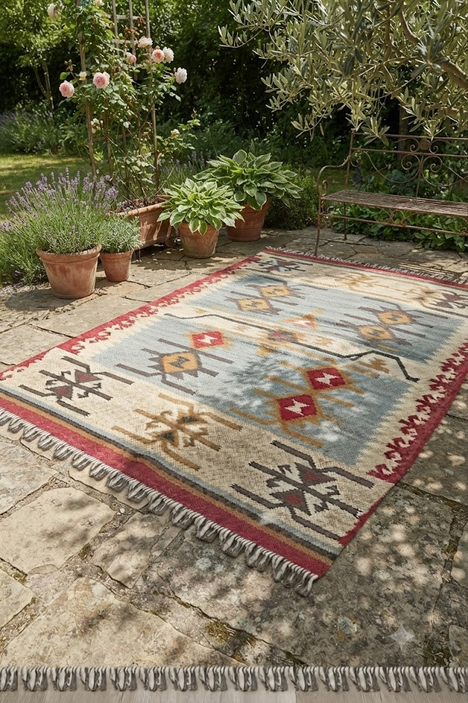 Handmade Kilim Wool Jute Rug - Durable Rustic Look Rectangle Area Carpet Orange Multicolor