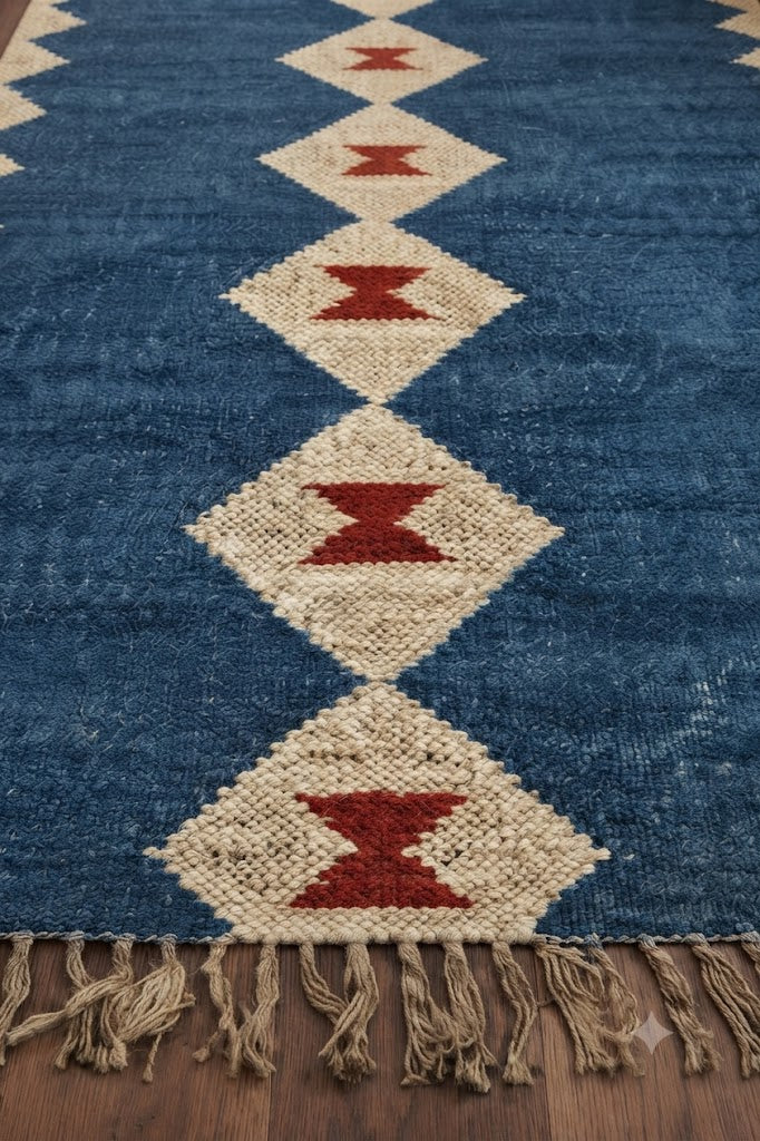 Rectangle Kilim Wool Jute Rug - Durable Handmade Rustic Look Farmhouse Boho Area Carpet-Blue & Beige