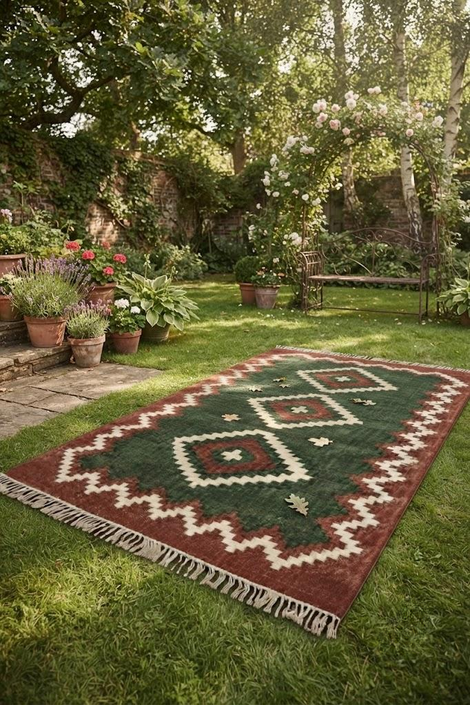 Wool Area Rugs Kilim Home Decor Rug – Handwoven Wool & Jute Flatweave – Indoor/Outdoor Rug for Living Room, Bedroom, Dining, High-Traffic Areas, Lake House Decor