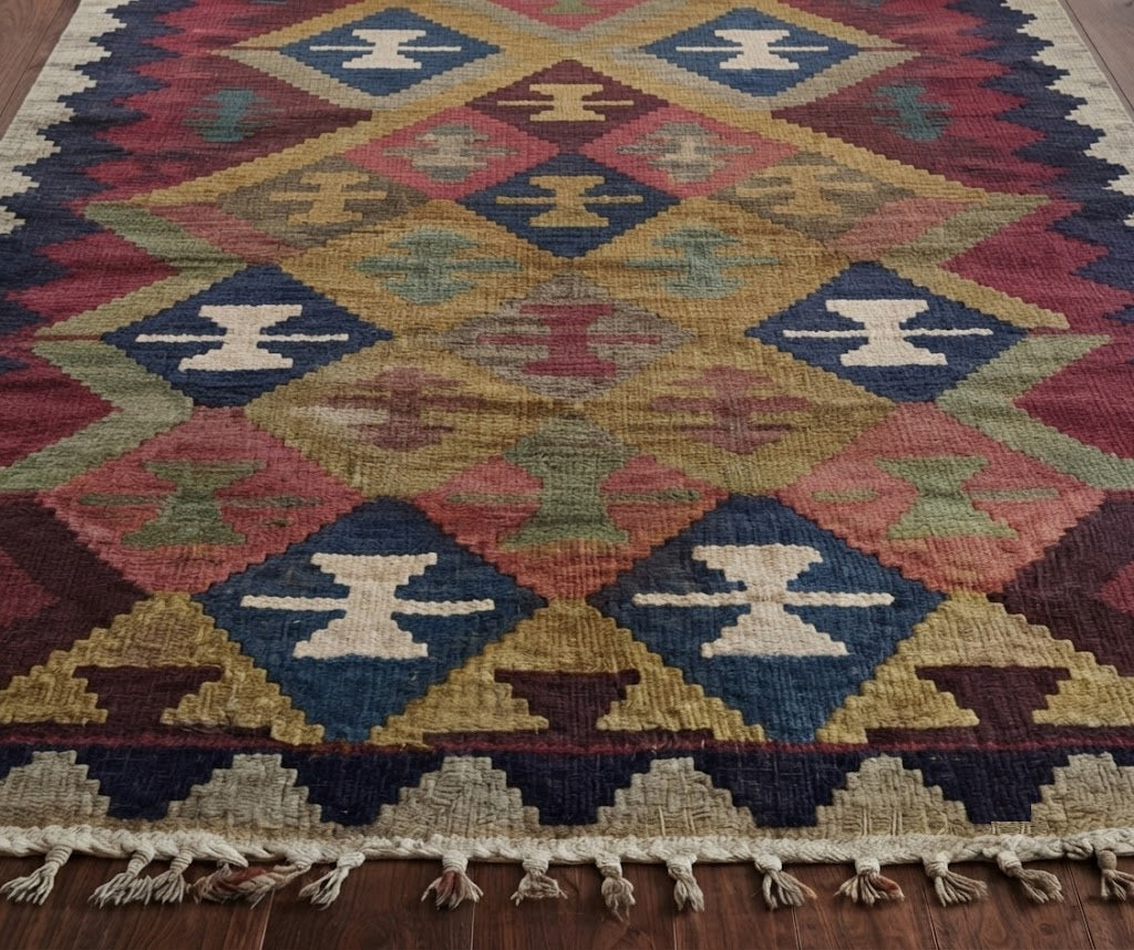 Kilim Wool Jute Rug - Durable Handmade Rustic Look Rectangle Farmhouse Boho Area Carpet-Multicolor