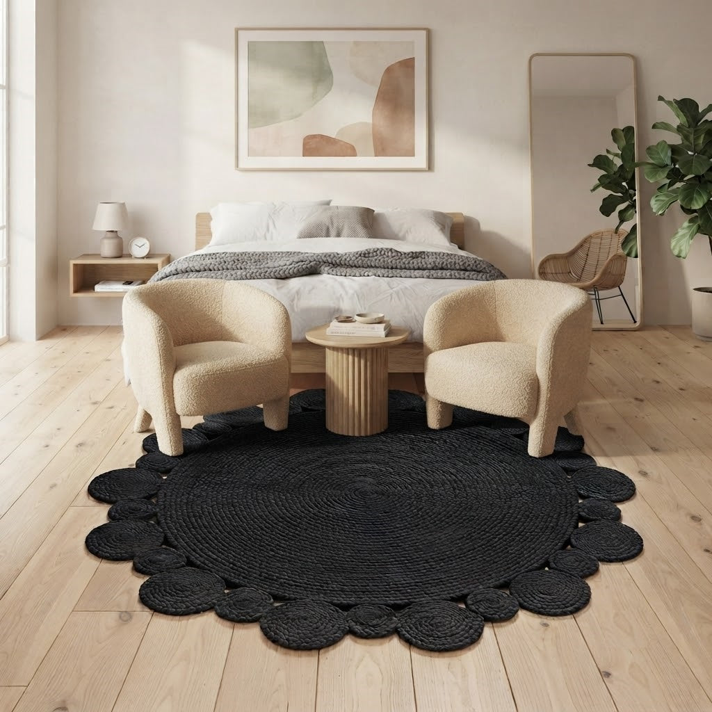 Round Shape Area Rug 100% Hand Braided Rustic Look Carpet for Home Decor Farmhouse Boho Scallop Rugs (Black)