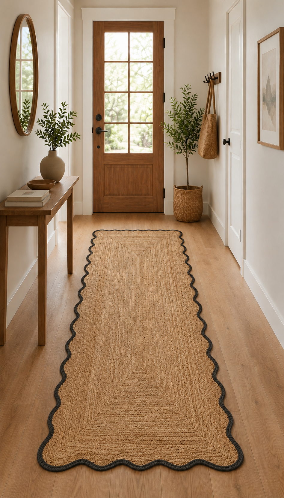 Natural Handwoven Jute Area Rug Scalloped Black Border Farmhouse Boho Rug for Living Room, Bedroom & Entryway Rustic Indoor Floor Mat