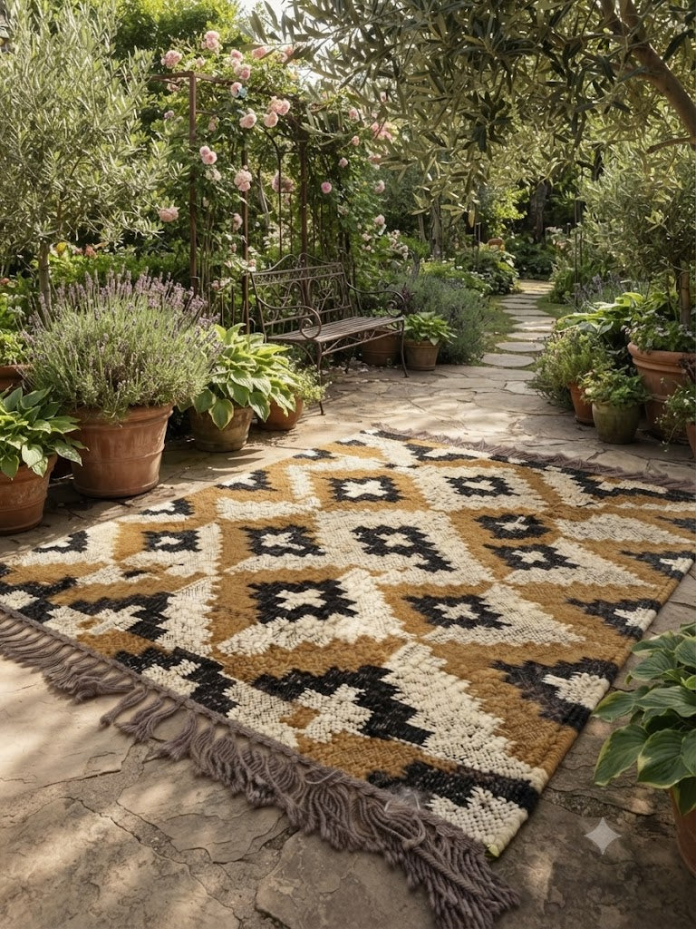 Rectangle Handmade Kilim Wool Jute Rug - Durable Rustic Look Farmhouse Area Carpet-Yellow