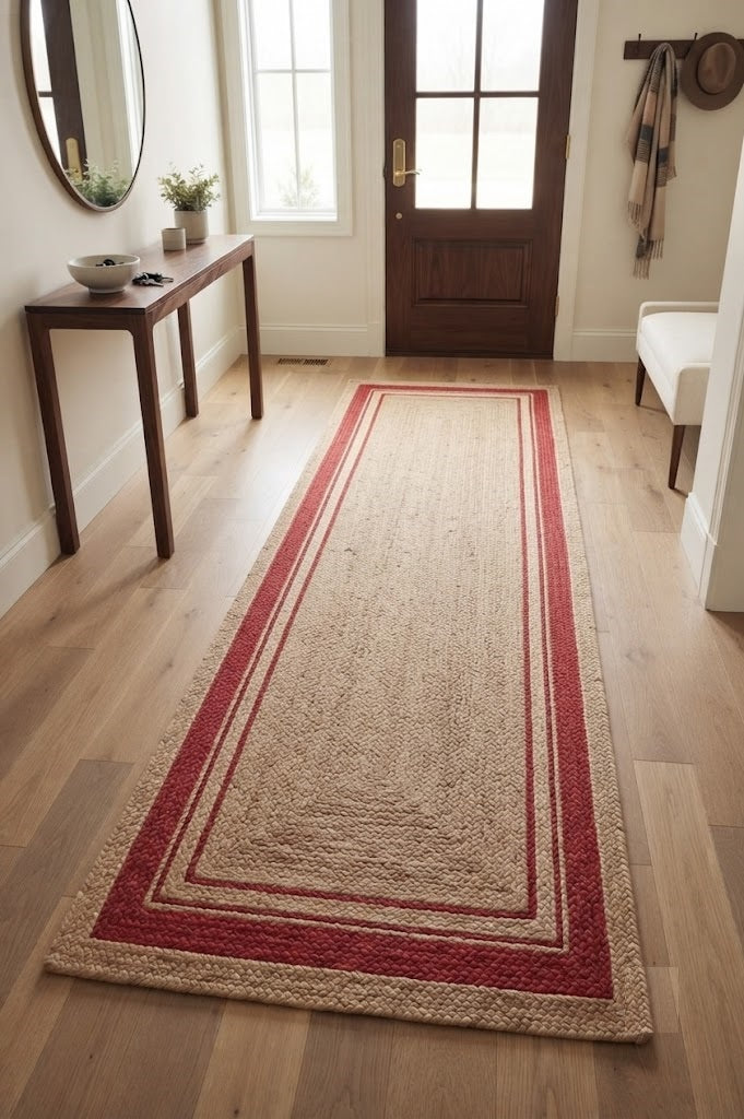 Natural Handwoven Jute Area Rug Natural Farmhouse Boho Rug for Living Room, Bedroom & Entryway Rustic Indoor Floor Mat-Red Border