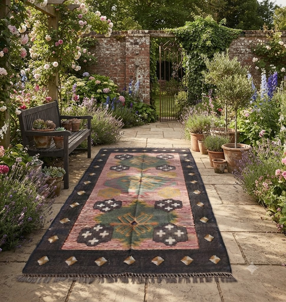Handmade Kilim Wool Jute Rug - Durable Rustic Look Rectangle Area Carpet Black