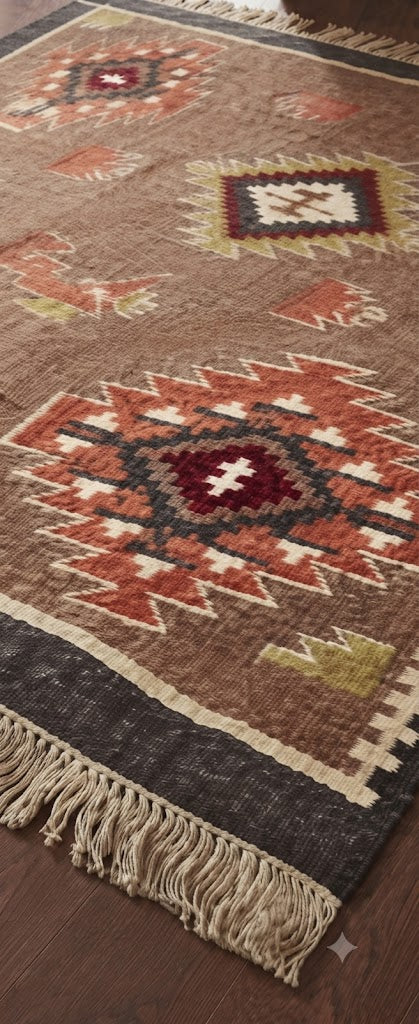 Rectangle Kilim Wool Jute Rug - Durable Handmade Rustic Look Farmhouse Boho Area Carpet-Multicolor