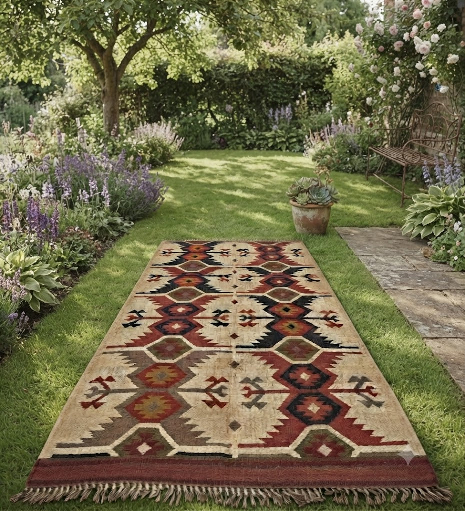 Rectangle Kilim Wool Jute Rug - Durable Handmade Rustic Look Farmhouse Boho Area Carpet-Beige & Brown