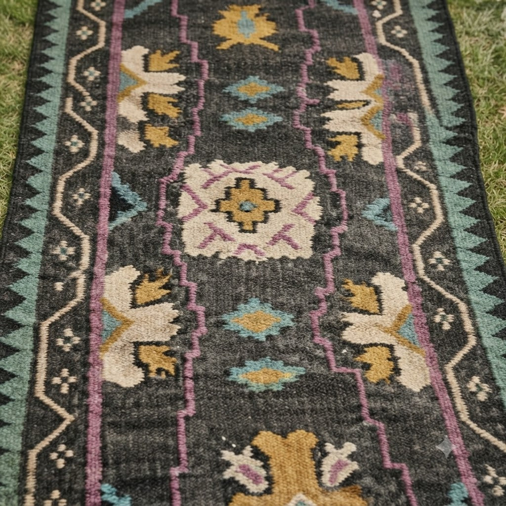 Rectangle Kilim Wool Jute Rug - Durable Handmade Rustic Look Farmhouse Boho Area Carpet-Black