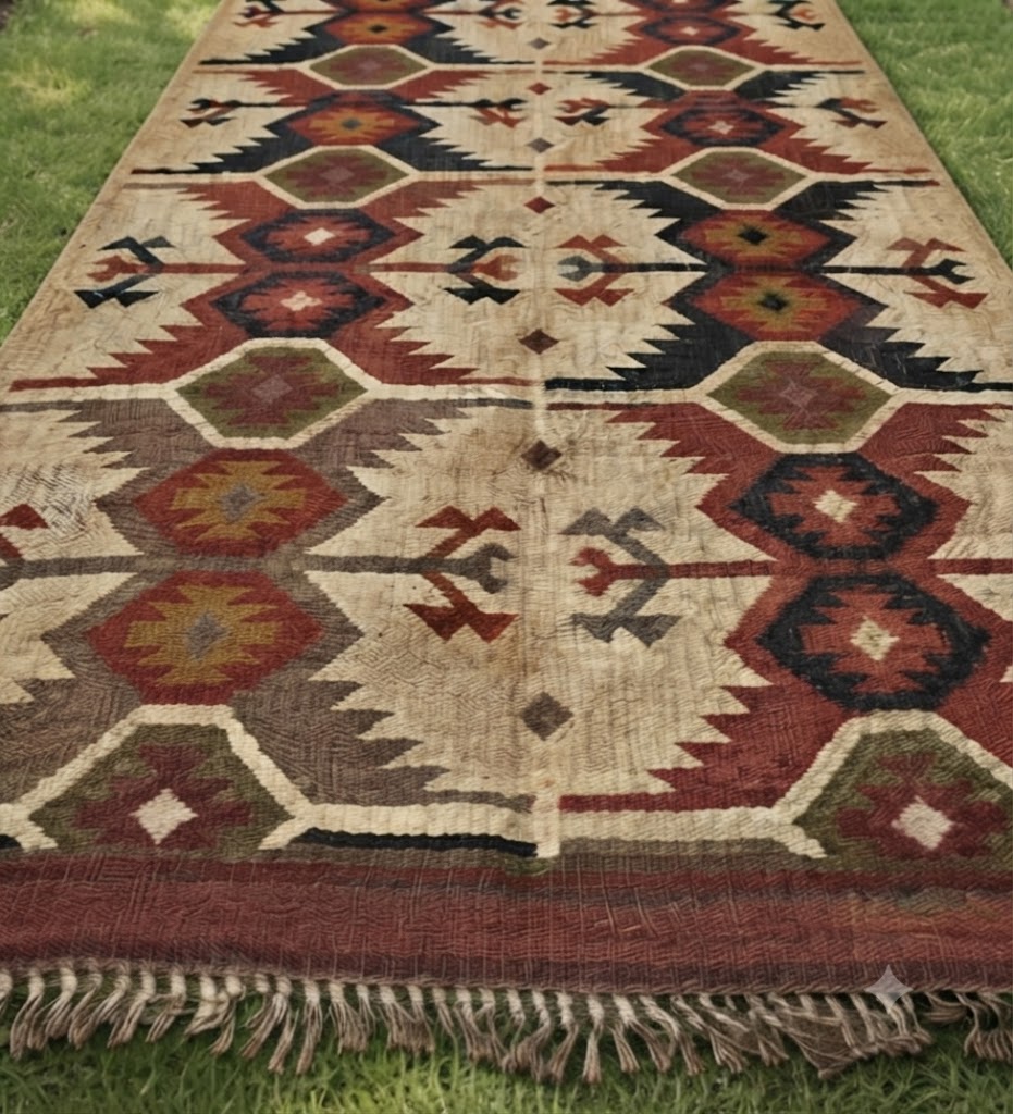 Rectangle Kilim Wool Jute Rug - Durable Handmade Rustic Look Farmhouse Boho Area Carpet-Beige & Brown