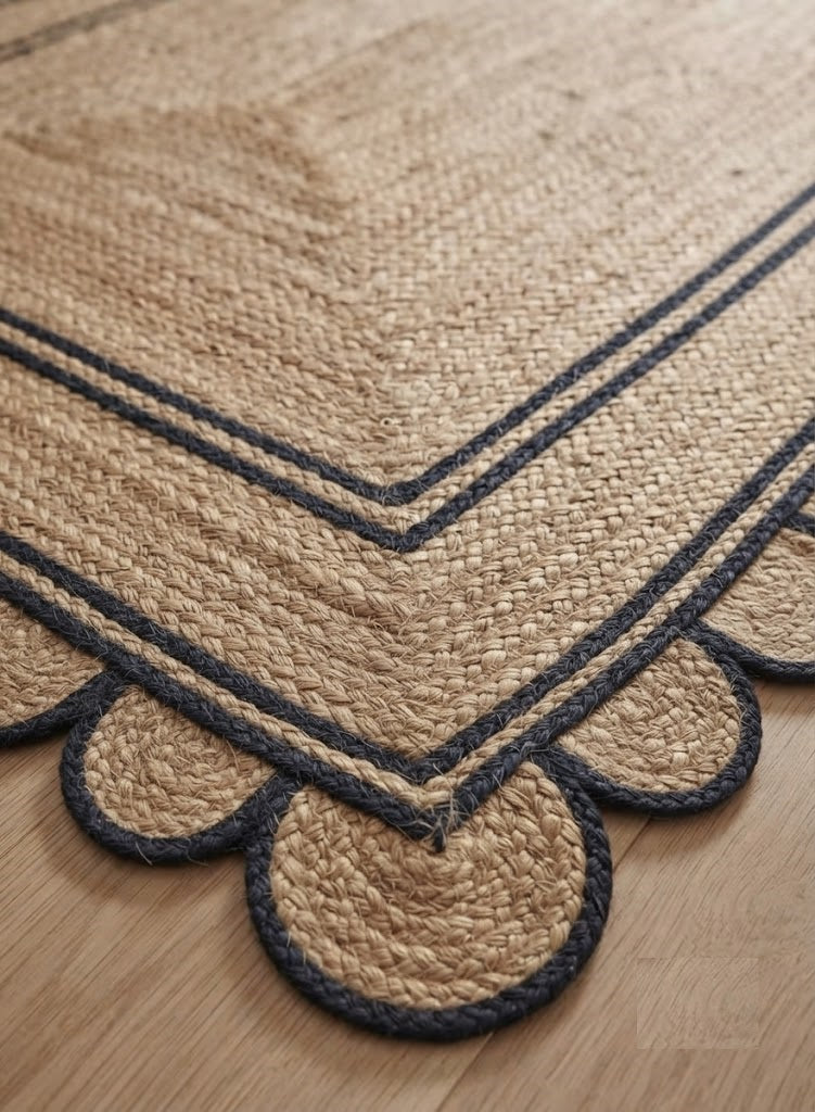 Handwoven Jute Area Rug Natural Farmhouse Boho Rug for Living Room, Bedroom & Entryway Rustic Indoor Floor Scallop Carpet (Black Border)