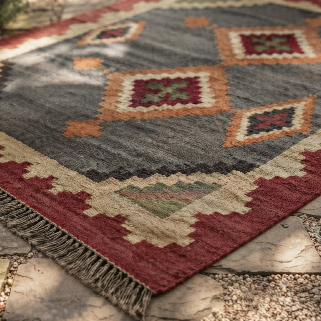 Handmade Rectangle Carpet Elegant Wool Jute Rug -Rustic Look Hand Woven Kilim Rug for Living Room, Hallway, Bedroom -Multicolor