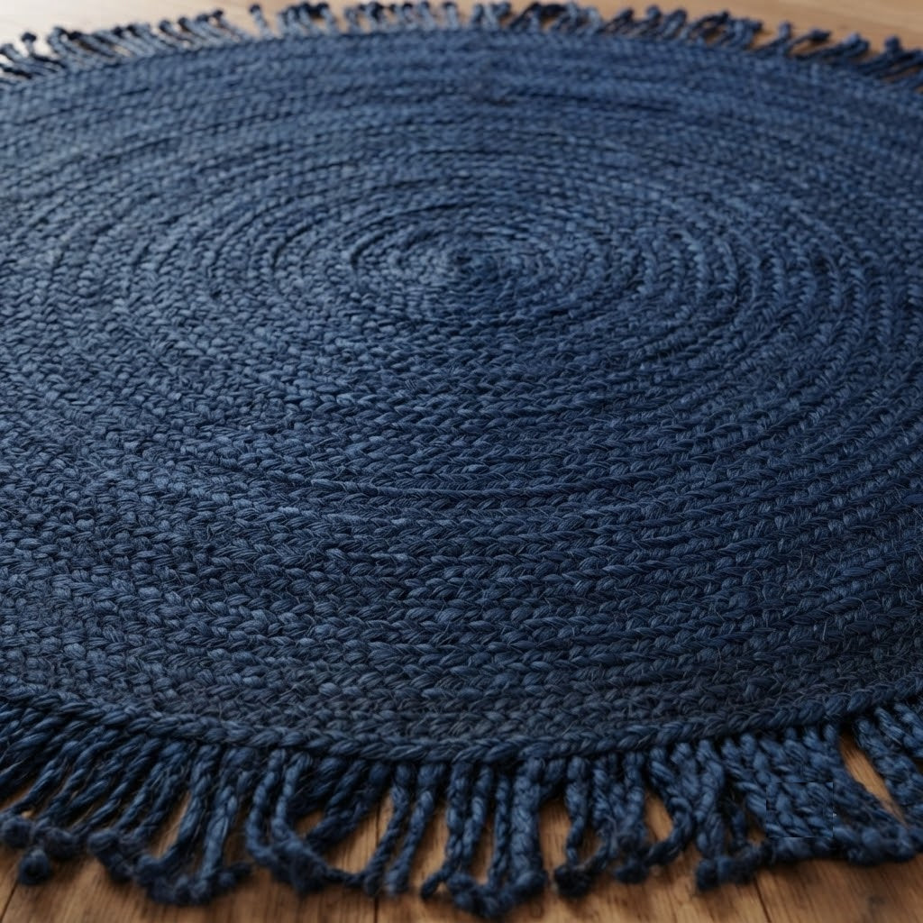 Round Shape Area Rug 100% Hand Braided Rustic Look Carpet for Home Decor Farmhouse Boho Rugs Mats With Fringes (Blue)