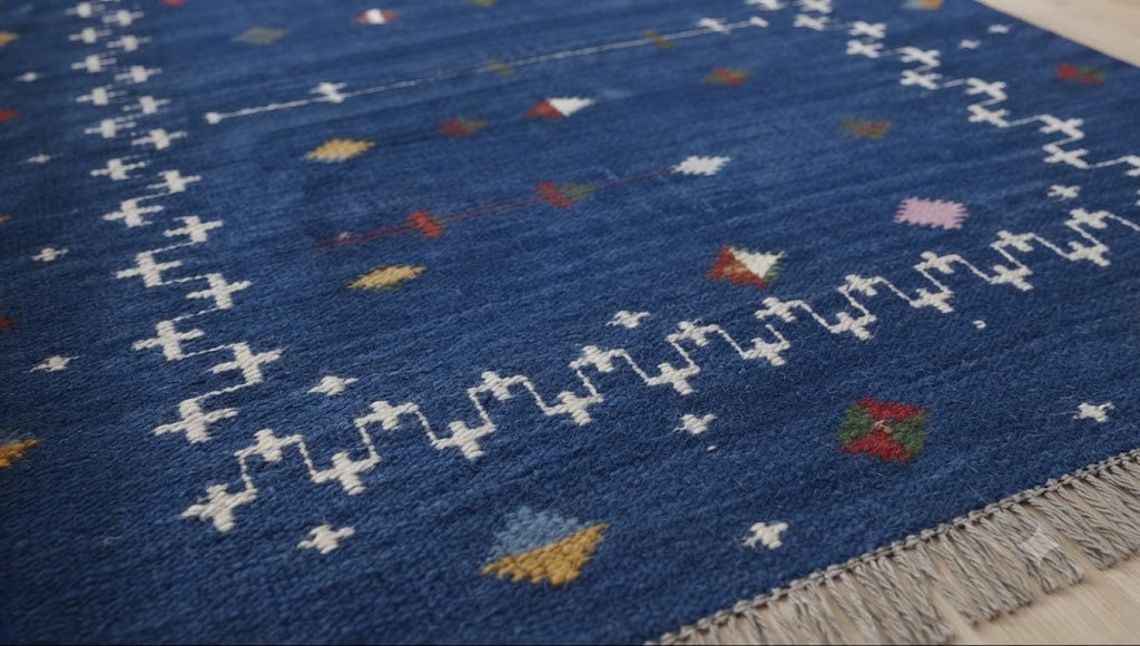 Handwoven Kilim Area Rug Wool & Jute Flatweave Indoor/Outdoor Rug for Living Room, Bedroom, Dining, High-Traffic Areas, Lake House Decor rug- Blue-Rectangle