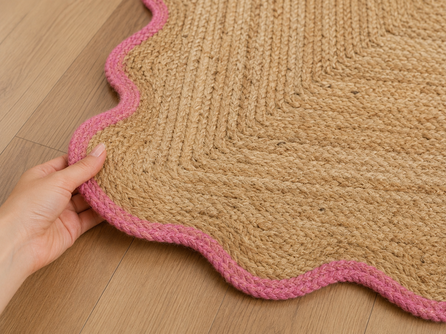 Natural Handwoven Jute Area Rug Scalloped Pink Border Farmhouse Boho Rug for Living Room, Bedroom & Entryway Rustic Indoor Floor Mat