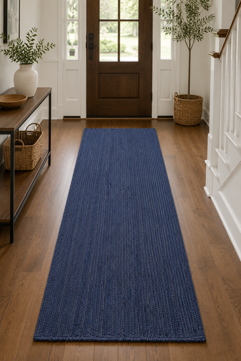 Natural Handwoven Jute Area Rug Blue Dye Farmhouse Boho Rug for Living Room, Bedroom & Entryway Rustic Indoor Floor Mat