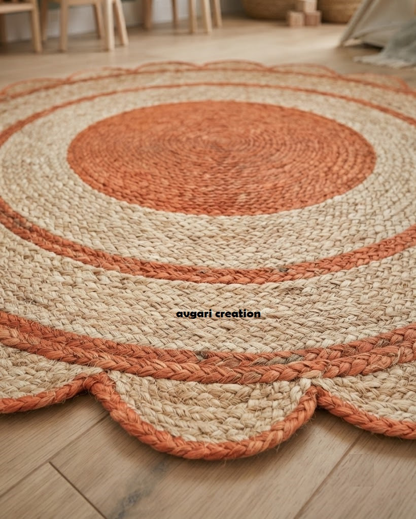 Round Shape Area Rug 100% Hand Braided Rustic Look Carpet for Home Decor Farmhouse Boho Scallop Rugs (Orange Border)