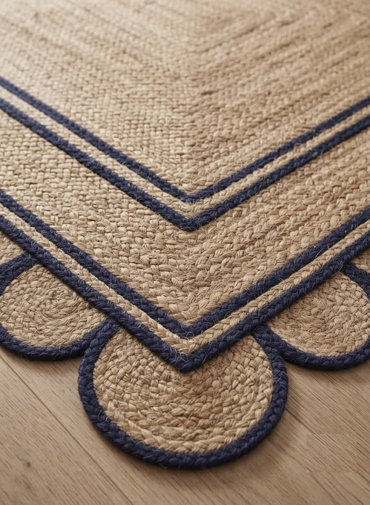 Handwoven Jute Area Rug Natural Farmhouse Boho Rug for Living Room, Bedroom & Entryway Rustic Indoor Floor Scallop Carpet (Blue Border)
