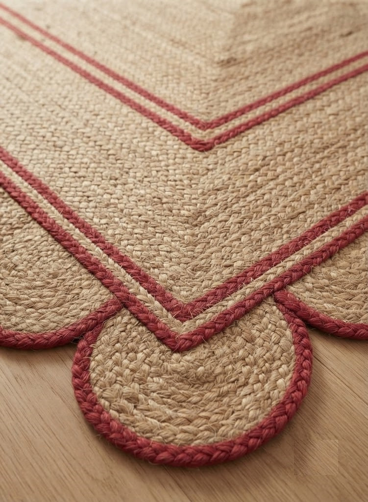 Handwoven Jute Area Rug Natural Farmhouse Boho Rug for Living Room, Bedroom & Entryway Rustic Indoor Floor Scallop Carpet (Red Border)