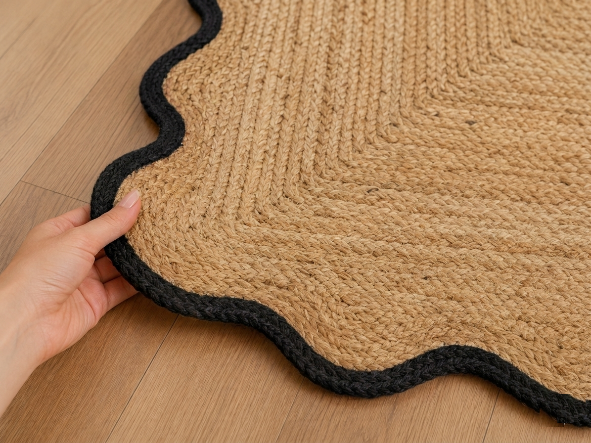 Natural Handwoven Jute Area Rug Scalloped Black Border Farmhouse Boho Rug for Living Room, Bedroom & Entryway Rustic Indoor Floor Mat