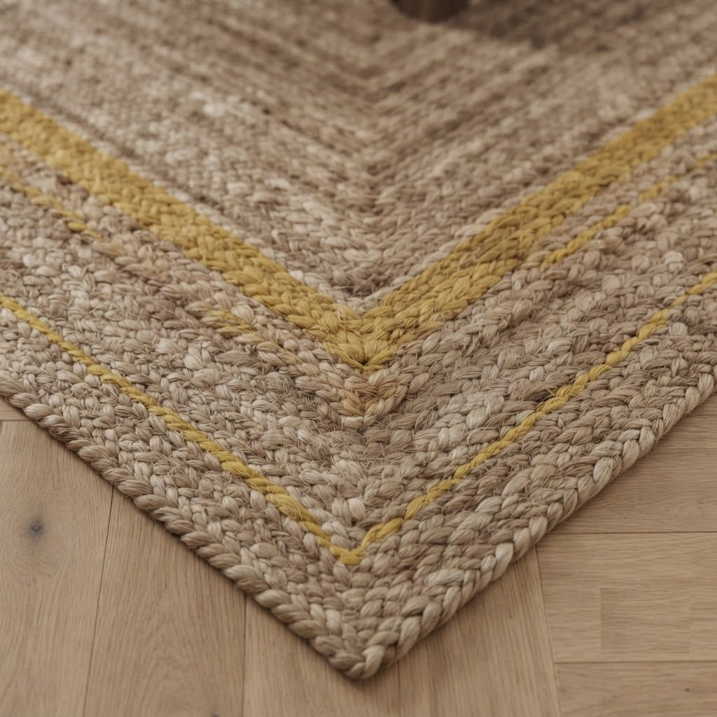 Natural Handwoven Jute Area Rug Natural Farmhouse Boho Rug for Living Room, Bedroom & Entryway Rustic Indoor Floor Mat-Yellow Border