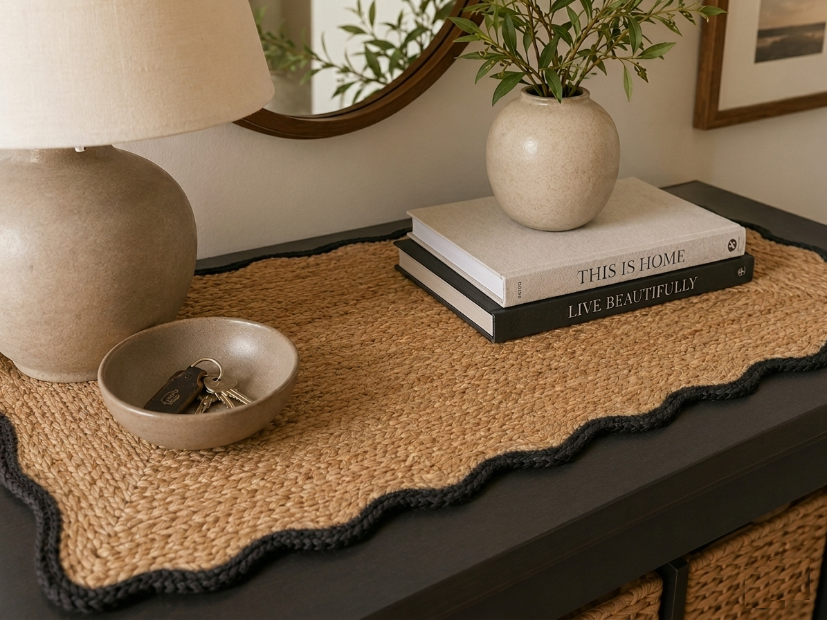 Natural Handwoven Jute Area Rug Scalloped Black Border Farmhouse Boho Rug for Living Room, Bedroom & Entryway Rustic Indoor Floor Mat