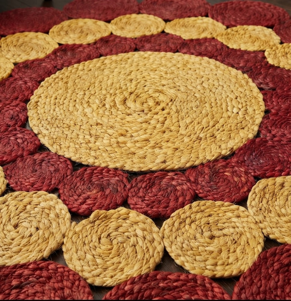 Jute Rug Round Shape Area Rug 100% Hand Braided Rustic Look Area Rug for Home Decor Farmhouse Boho Carpet Mats ( Designer Red & Yellow)
