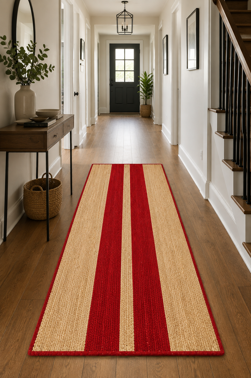 Natural Jute Area Rug Hand Woven Braided Rug Home Decor Farmhouse Carpet Rag Rug for Kitchen Living Room and Bedroom - Rectangle (Beige & Red)