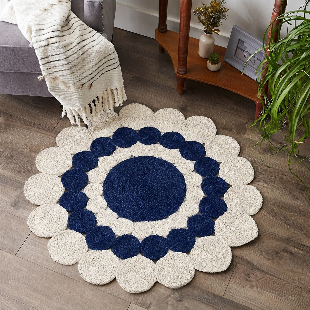 Jute Rug Round Shape Area Rug 100% Hand Braided Rustic Look Area Rug for Home Decor Farmhouse Boho Carpet Mats (White & Blue))