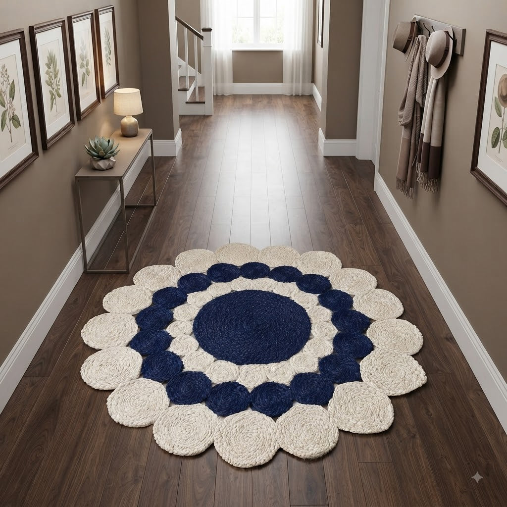 Jute Rug Round Shape Area Rug 100% Hand Braided Rustic Look Area Rug for Home Decor Farmhouse Boho Carpet Mats (White & Blue))