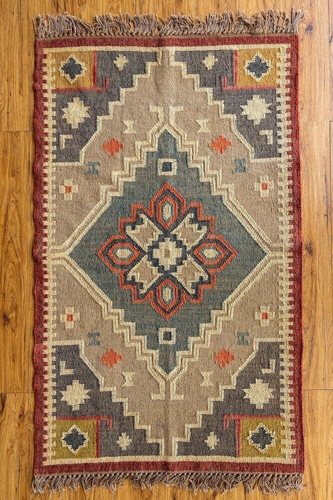 Durable Handmade Rectangle Kilim Wool Boho Rustic Look Area Carpet Jute Rug Farmhouse Mats