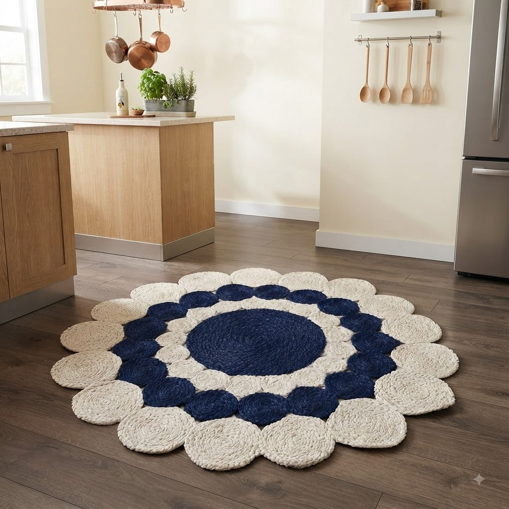 Jute Rug Round Shape Area Rug 100% Hand Braided Rustic Look Area Rug for Home Decor Farmhouse Boho Carpet Mats (White & Blue))