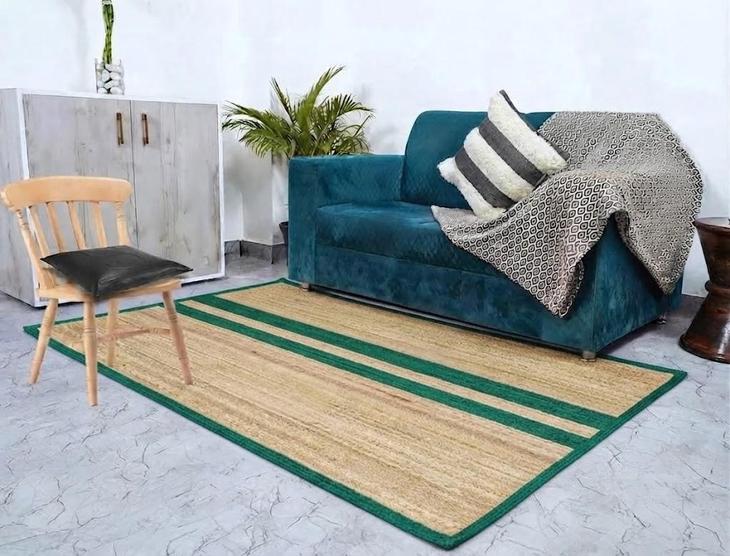 Natural Jute Area Rug Hand Woven Braided Rug Home Decor Farmhouse Carpet Rag Rug for Kitchen Living Room and Bedroom - Rectangle (Beige & Green)