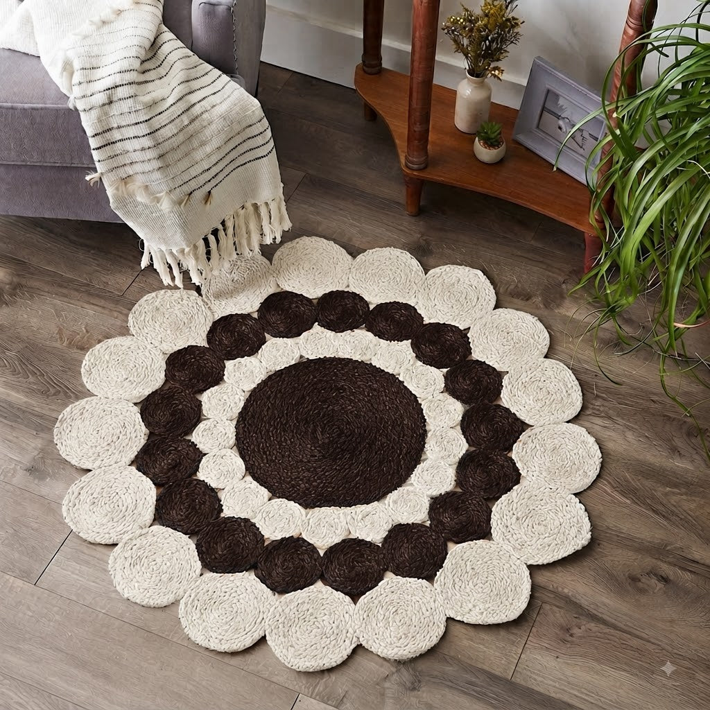 Jute Rug Round Shape Area Rug 100% Hand Braided Rustic Look Area Rug for Home Decor Farmhouse Boho Carpet Mats (Brown & White)