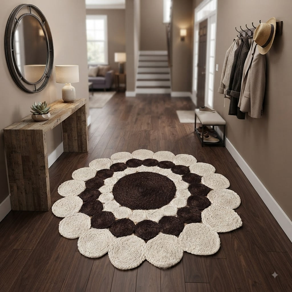 Jute Rug Round Shape Area Rug 100% Hand Braided Rustic Look Area Rug for Home Decor Farmhouse Boho Carpet Mats (Brown & White)