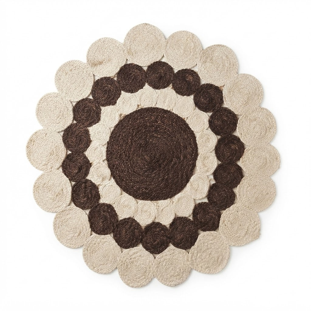 Jute Rug Round Shape Area Rug 100% Hand Braided Rustic Look Area Rug for Home Decor Farmhouse Boho Carpet Mats (Brown & White)