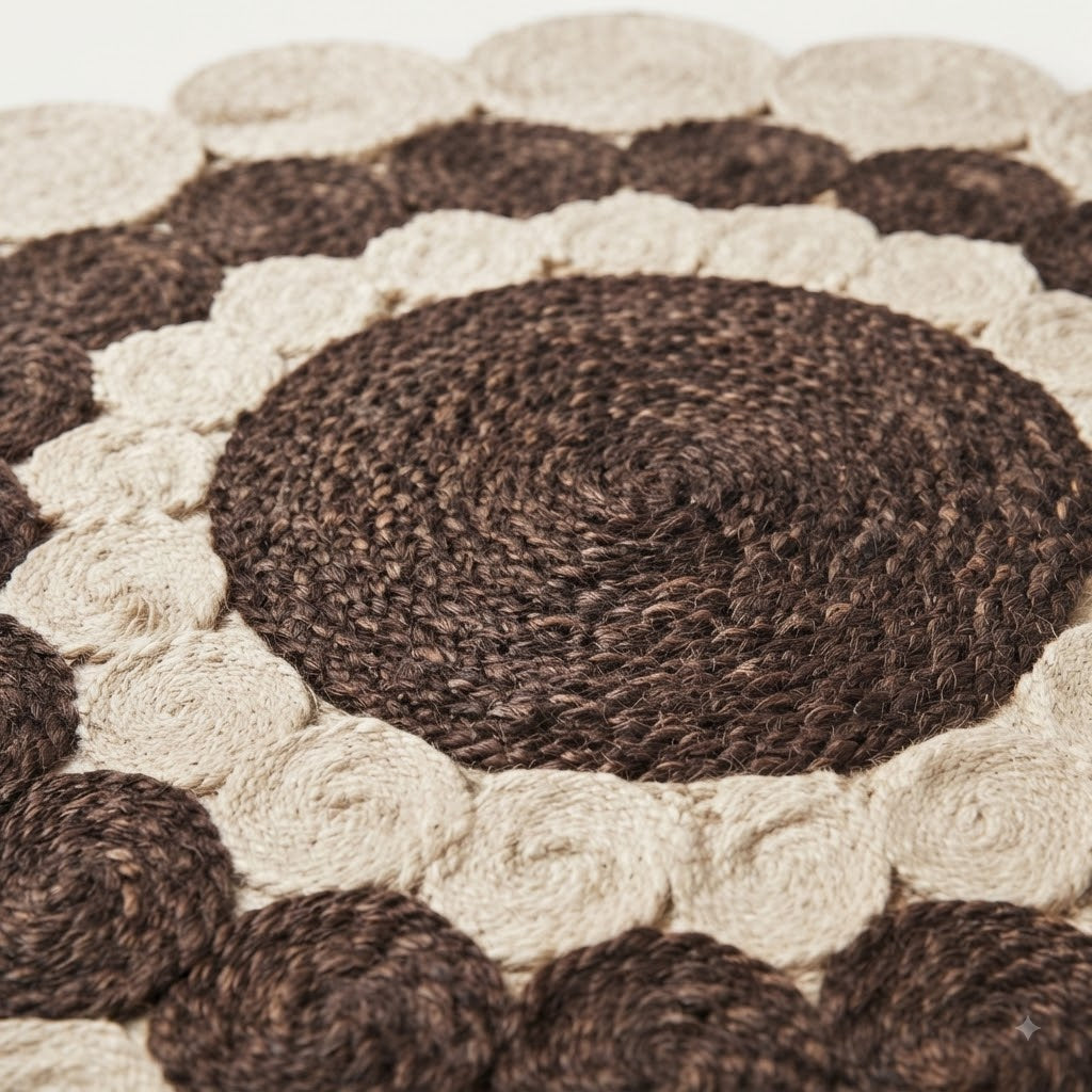 Jute Rug Round Shape Area Rug 100% Hand Braided Rustic Look Area Rug for Home Decor Farmhouse Boho Carpet Mats (Brown & White)