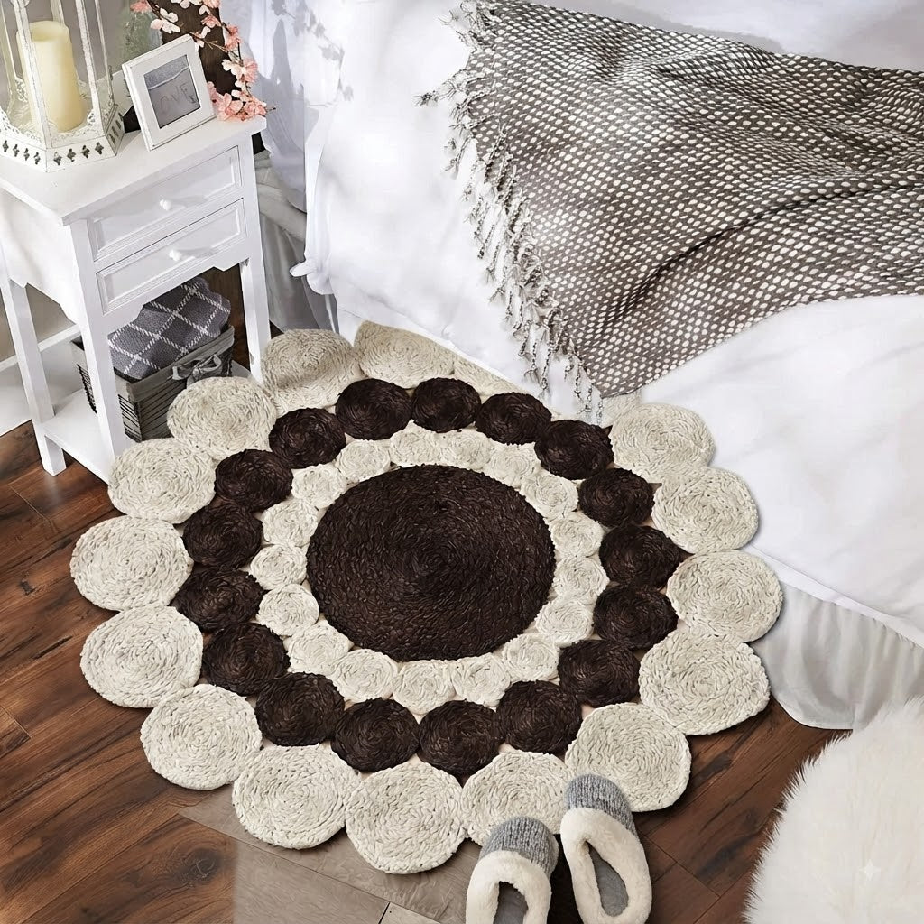 Jute Rug Round Shape Area Rug 100% Hand Braided Rustic Look Area Rug for Home Decor Farmhouse Boho Carpet Mats (Brown & White)