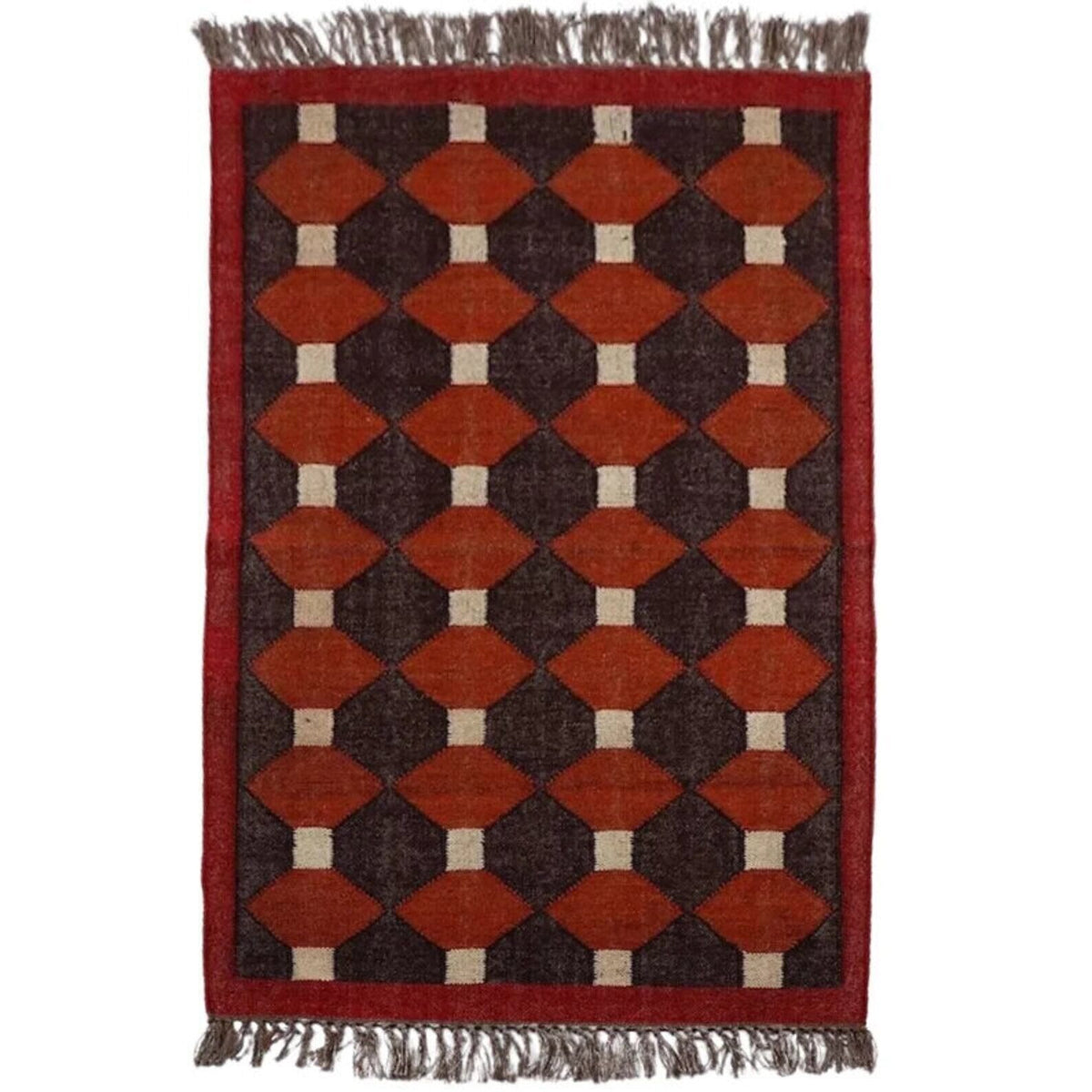 Durable Handmade Rectangle Kilim Wool Boho Rustic Look Area Carpet Jute Rug Farmhouse Mats (Red & Brown)