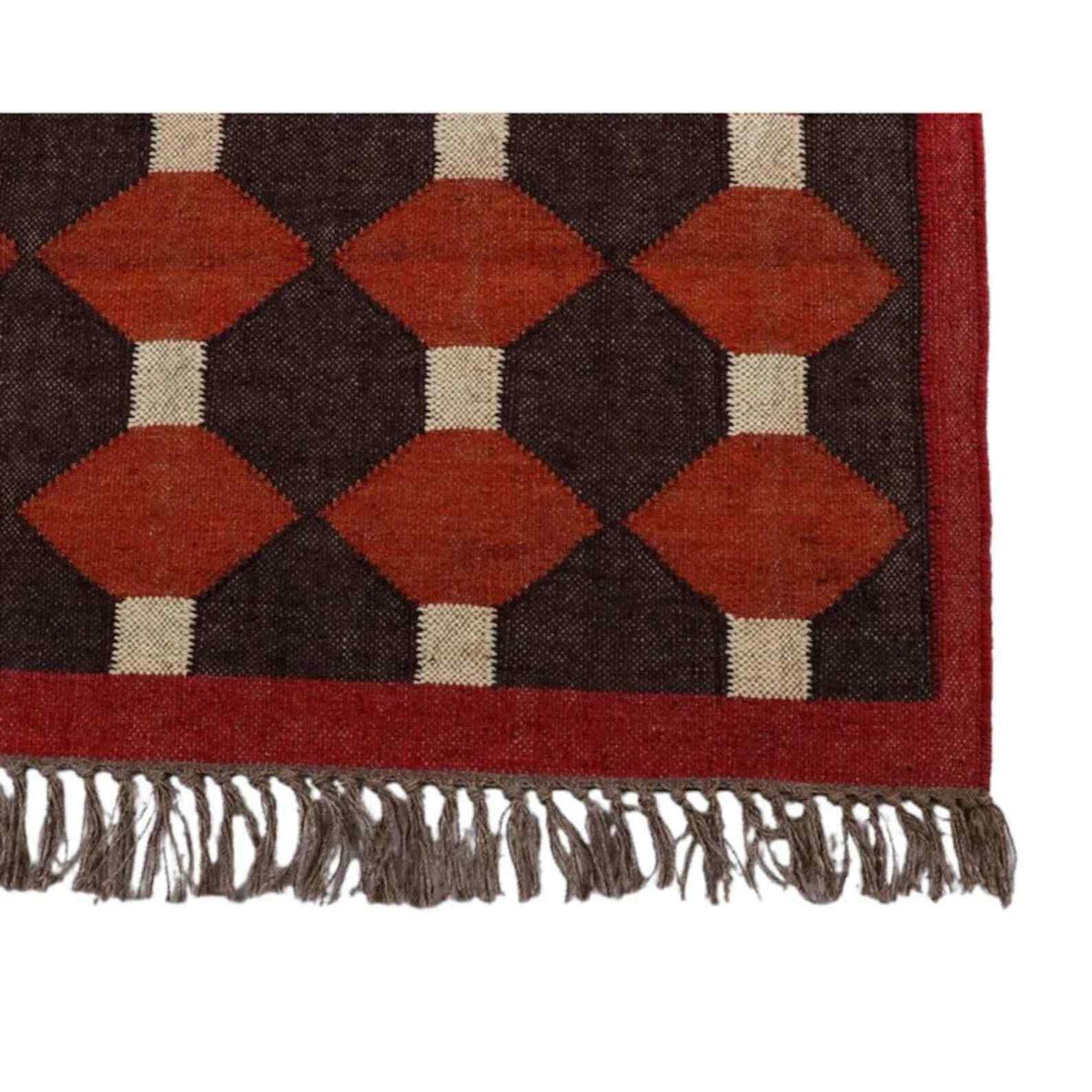 Durable Handmade Rectangle Kilim Wool Boho Rustic Look Area Carpet Jute Rug Farmhouse Mats (Red & Brown)