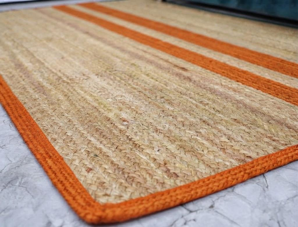 Natural Jute Area Rug Hand Woven Braided Rug Home Decor Farmhouse Carpet Rag Rug for Kitchen Living Room and Bedroom - Rectangle (Beige & Orange)