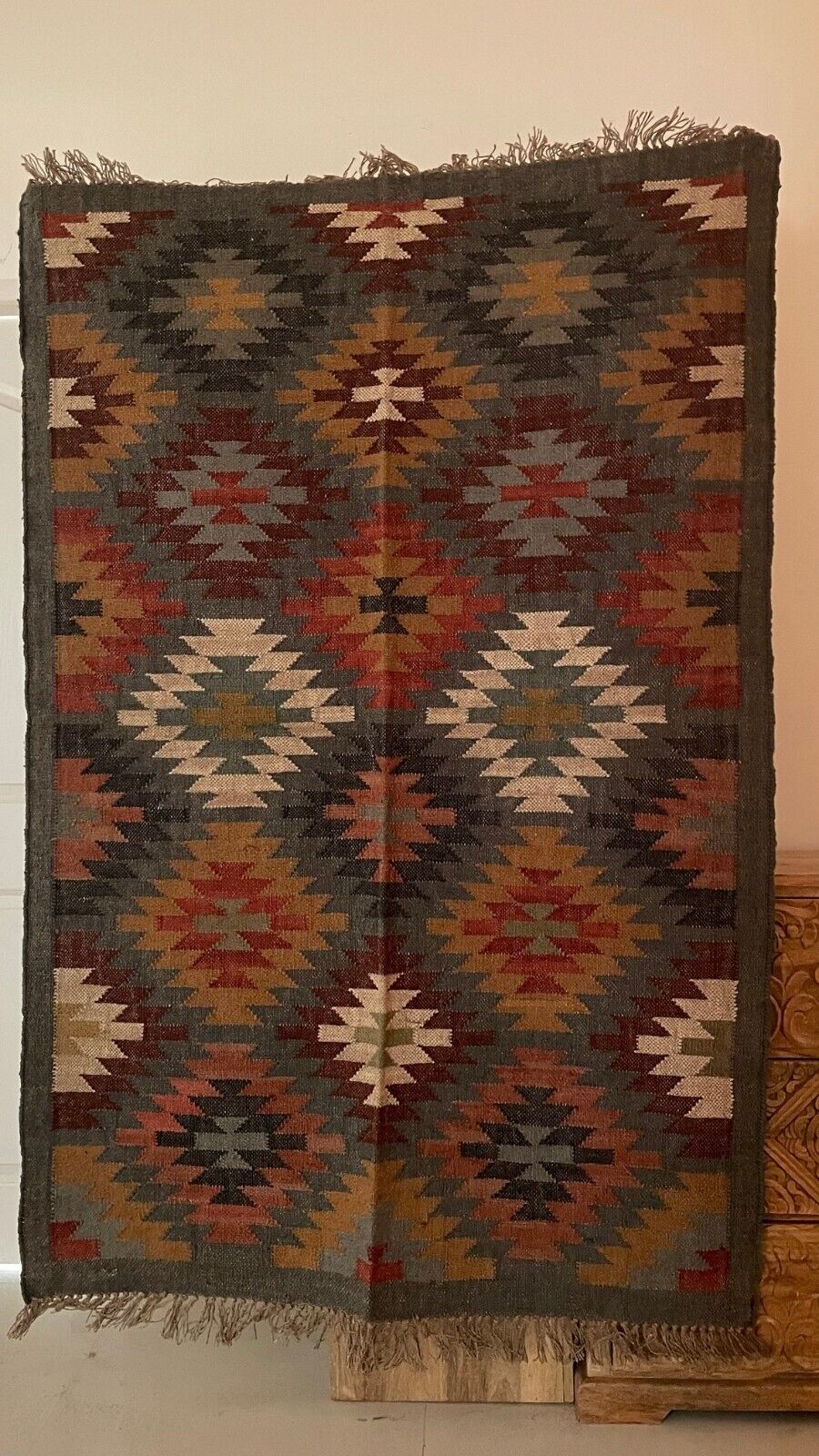 Durable Handmade Rectangle Kilim Wool Boho Rustic Look Area Carpet Jute Rug Farmhouse Mats