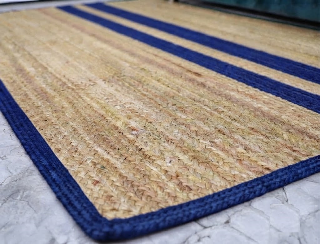 Natural Jute Area Rug Hand Woven Braided Rug Home Decor Farmhouse Carpet Rag Rug for Kitchen Living Room and Bedroom - Rectangle (Beige & Blue)