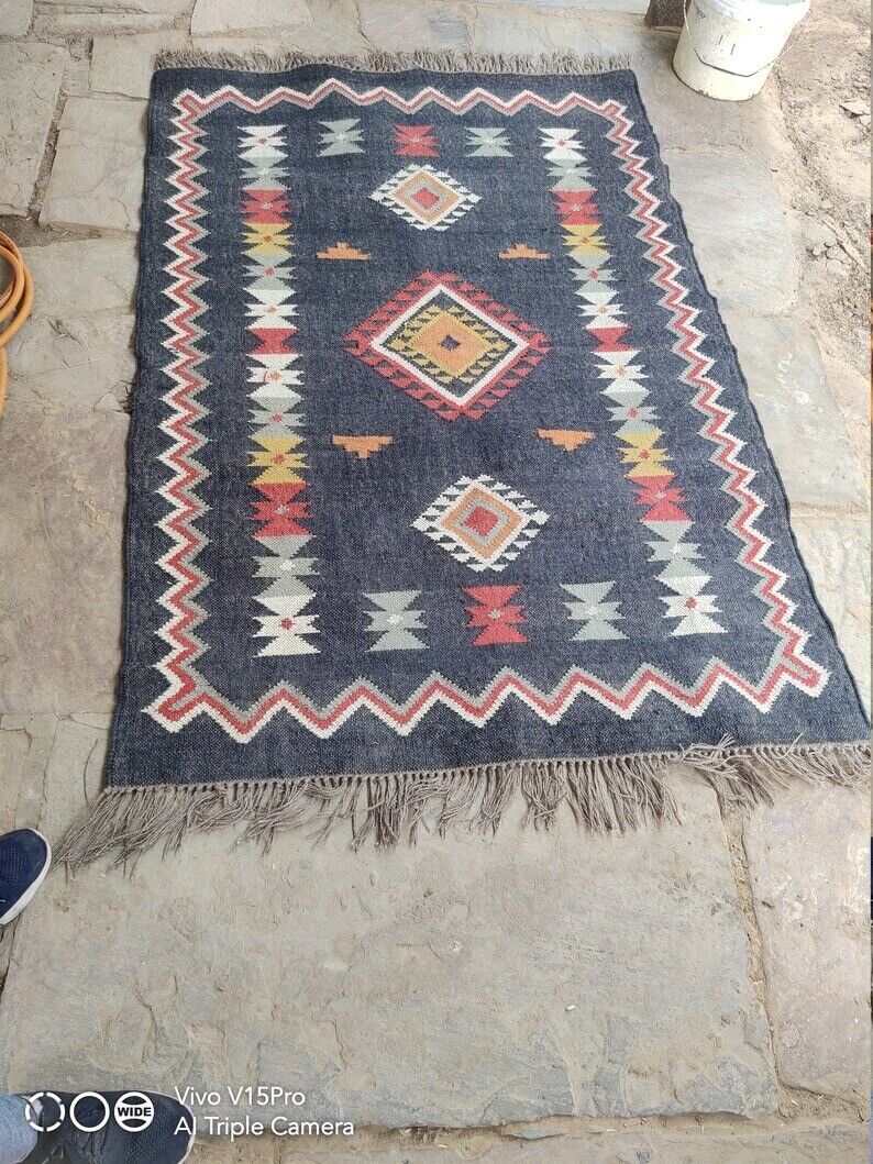 Durable Handmade Kilim Wool Boho Rustic Look Area Carpet Rectangle Jute Rug Farmhouse Mats (Copy)