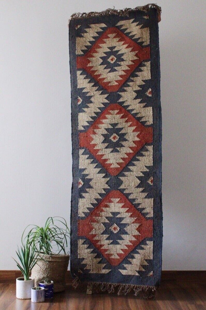 Durable Handmade Kilim Wool Boho Rustic Look Area Carpet Jute Rug Rectangle Farmhouse Mats