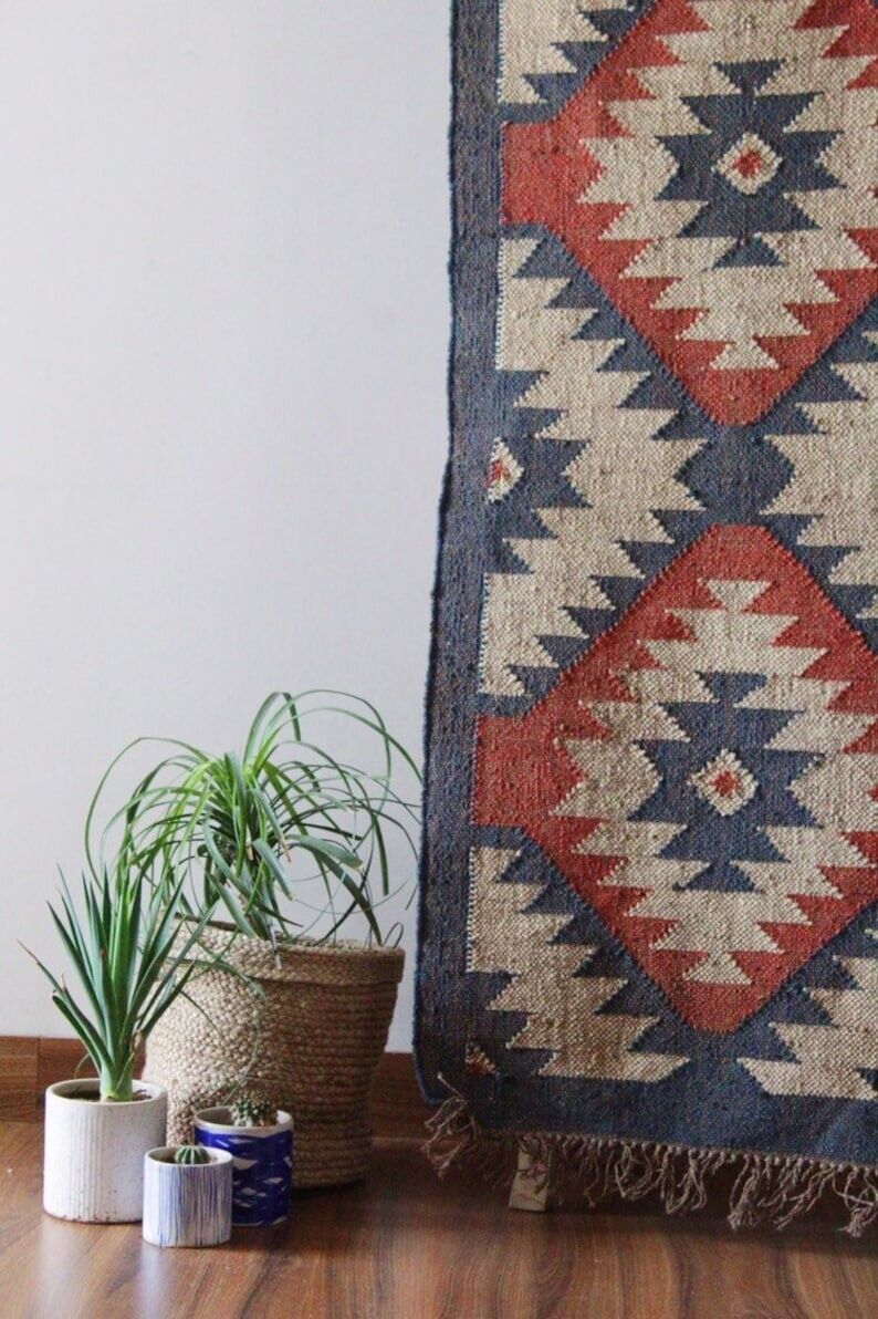 Durable Handmade Kilim Wool Boho Rustic Look Area Carpet Jute Rug Rectangle Farmhouse Mats