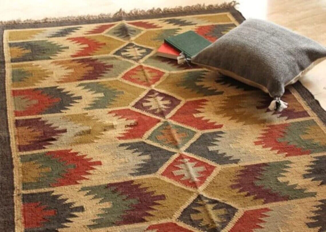 Durable Handmade Kilim Wool Boho Rustic Look Area Carpet Jute Rug Farmhouse Rectangle Mats